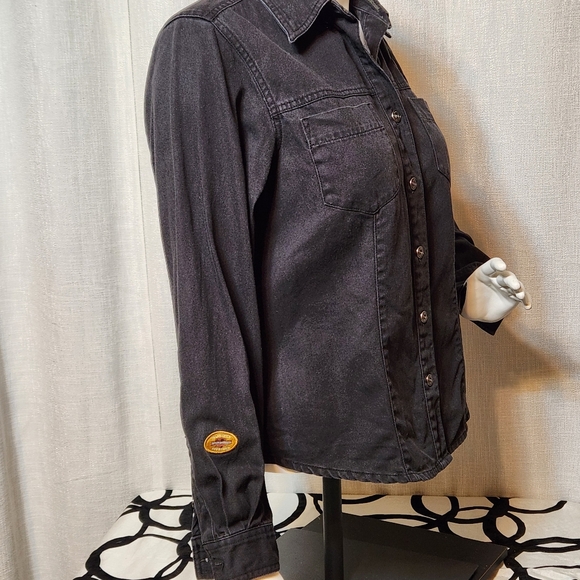 Harley Davidson Embroidered Flame Eagle Black Denim Button Down Shirt Small Y2K - Picture 9 of 13